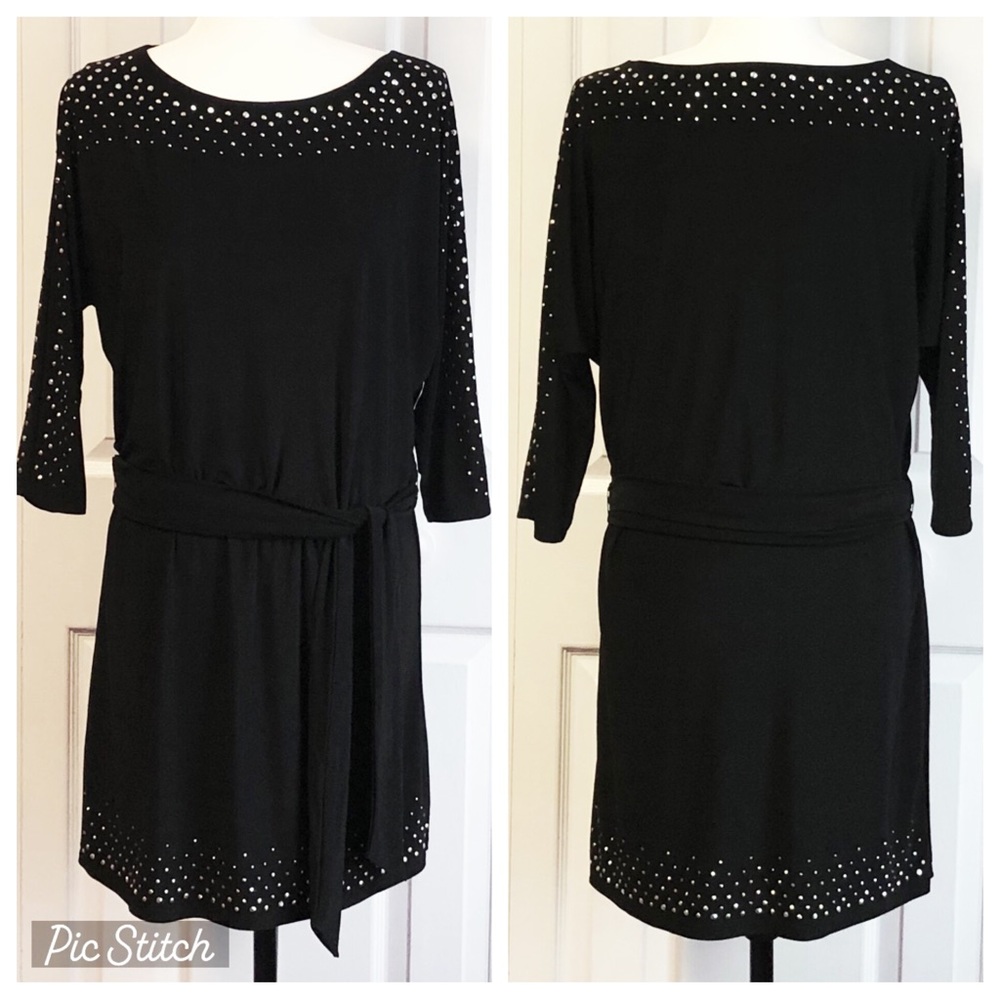 White House Black Market Black Studded Jersey Knit Mini Dress w/ Belt